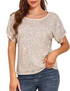PrettyGuide Women's Sparkly Sequin Tops Short Sleeve Glitter Loose Party Shirt Blouse Boat Neck Dressy Top