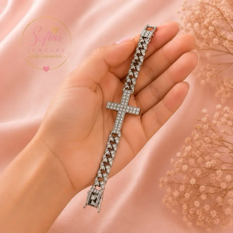 Hip-Hop Cross Bracelet, Rhodium-Plated Copper Design