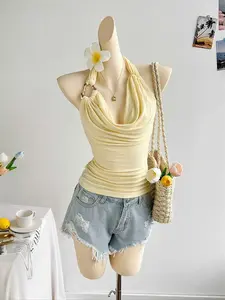 Women's Pale Yellow Textured Knit Shoulder Strap Top, Chic & Flattering For Party, Date, Wedding, Afternoon Tea, Music Festival, Romantic Beach Vacation, SpringSummer Cruise Resort