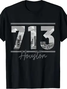 180g Houston 713 Area Code Skyline Texas Pride Vintage T-Shirt - Unisex Soft Breathable Cotton Tee with Houston Skyline & 713 Phone Code Graphic Casual Crew Neck Short Sleeve Shirt for &