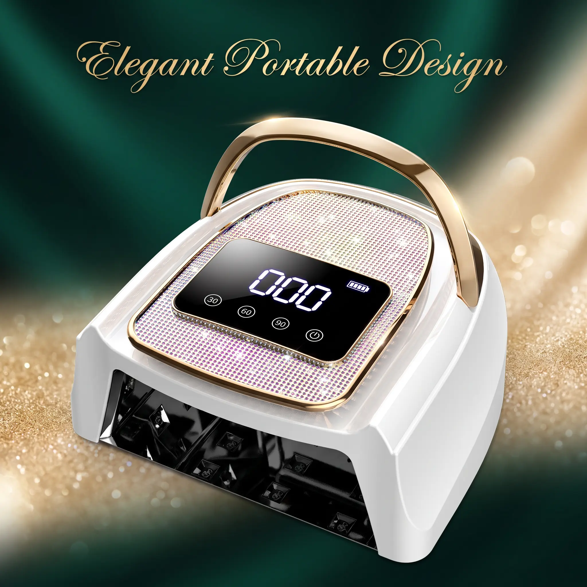Portable UV LED Nail Lamp - Rechargeable Rhinestone-Adorned, Touchscreen, Reflective Metal Interior, Built-In Handle, 30/60/90s Timer for Manicure & Nail Care Gel Curing