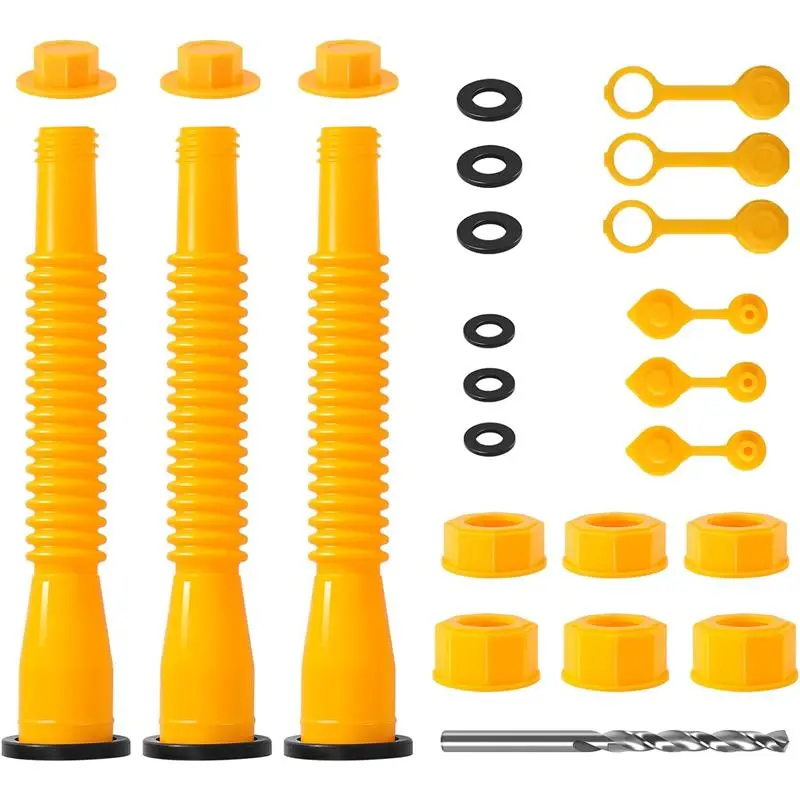 3KIT Gas Can Spout Replacement, No-Spill Design Gas Can Nozzle with Flexible Nozzle Fit MOST 1/2/5/10 Gal Tank Cans, Old StyleFuel Can Spouts, Vent Caps, Rubber Gasket, Drill Bit