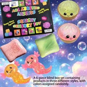 Party Gift 6-piece Set: Blind Box Malt Sugar Squeeze Toys Squishies – 3 Different Designs. Stress-relieving, slowly rebounding creative toys for fun.