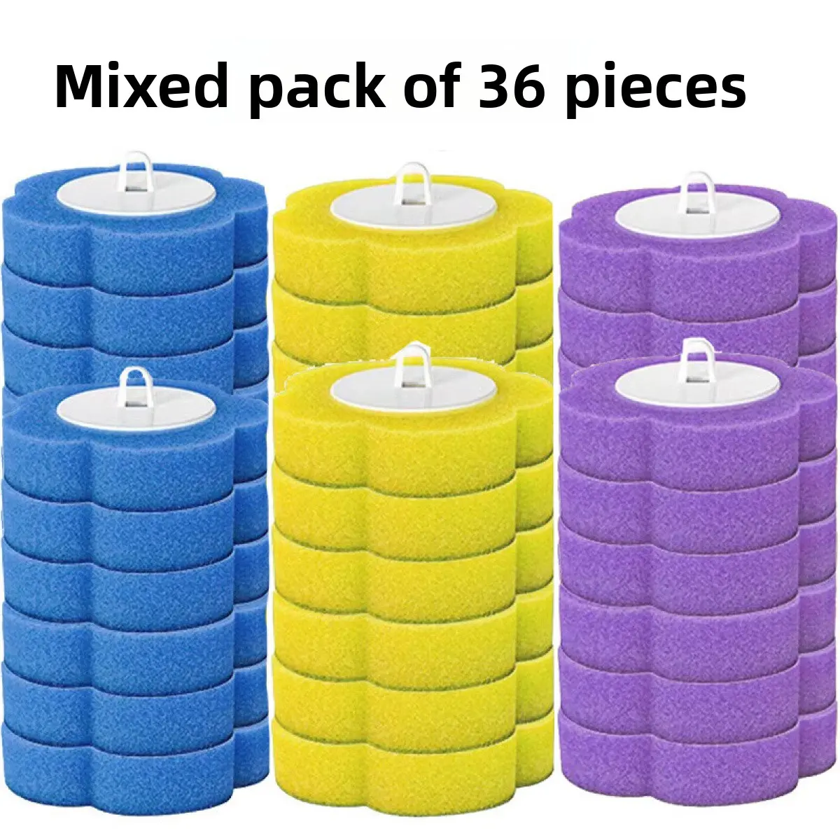 36PCS Sturdy 3-Layer Sponge Refill Set - Mixed Blue,Purple,Yellow Pack, Disposable Home Bathroom Cleaning Kit with Brush,Squeegee Scrubber,Toothbrush,Bathtub Cleaner,Storage Box,Wall Mount Holder