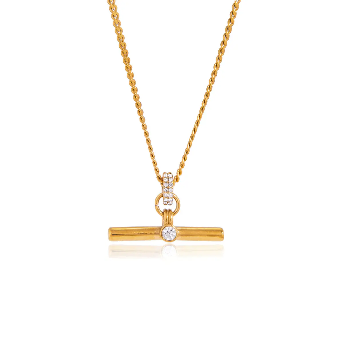 Classic Style Stainless Steel T-Bar Pendant Necklace with White Rhinestones & NK Chain - Statement Costume Jewelry, White Rhinestones Design Accessory, Statement Rhinestone Necklaces, White Rhinestones Necklaces