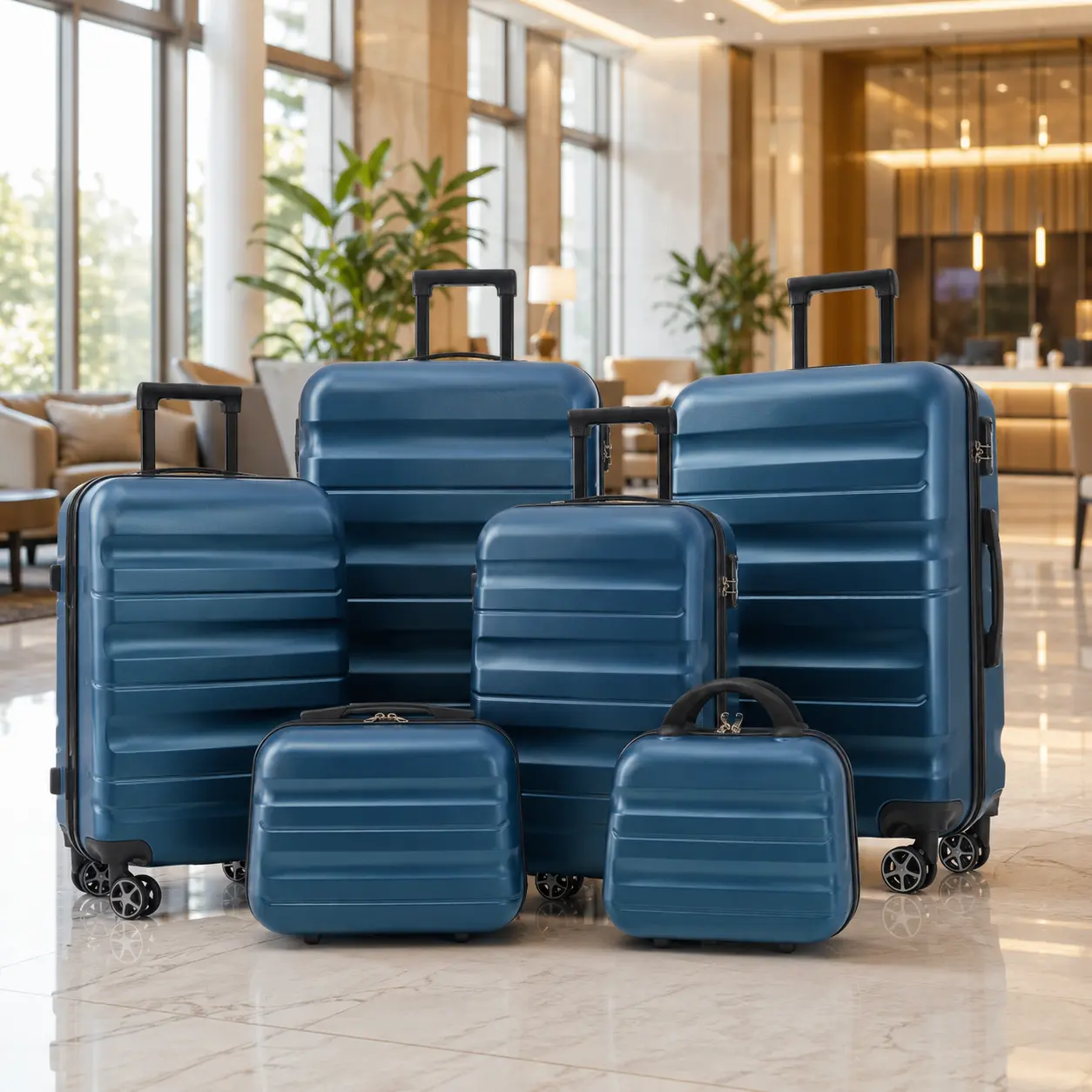 Fahuac Hardside Plastic Luggage Set, 6-Piece Nestable Set with Pressure-Proof ABS, 1.54 lbs Lightweight, 4-Wheels 360 Rotation Spinners, Zip Closure, TSA Lock, Carry-On (14.2x9.4x20.9in) & Check-In (12in,16in,24in,28in) for International Multi-Day Trips