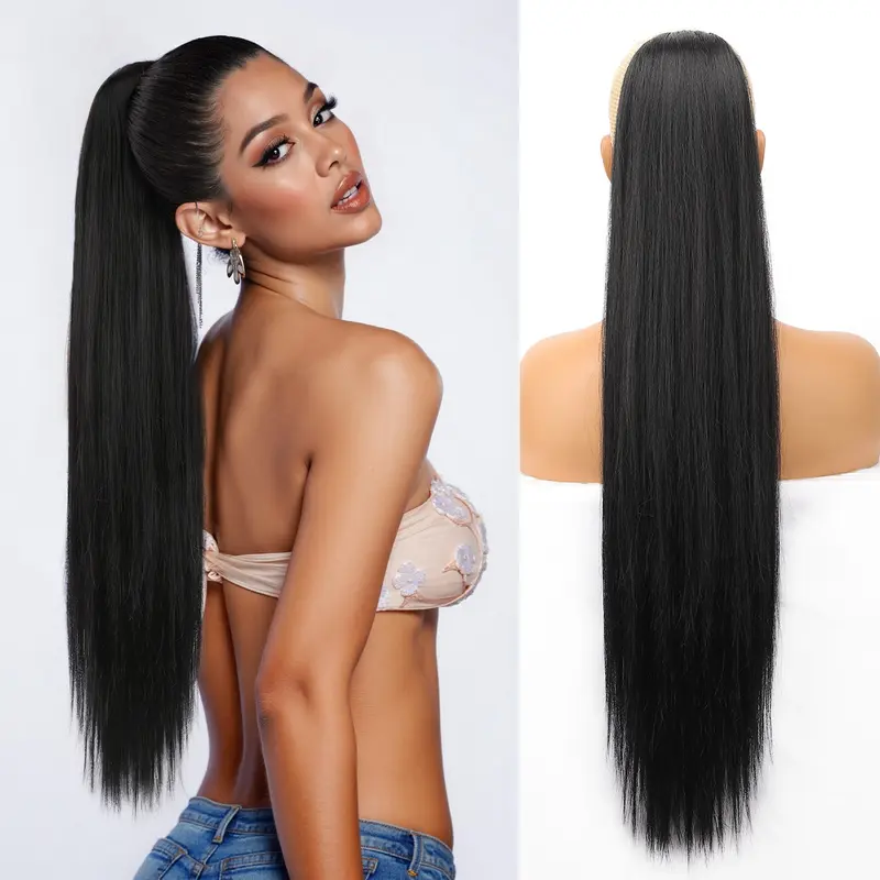 [KooKaStyle] Black Long Straight 32-Inch Drawstring Ponytail Extension - Natural Soft Synthetic Hairpiece, Clip-In, Heat-Resistant, Black Fake Pony Tail for Women