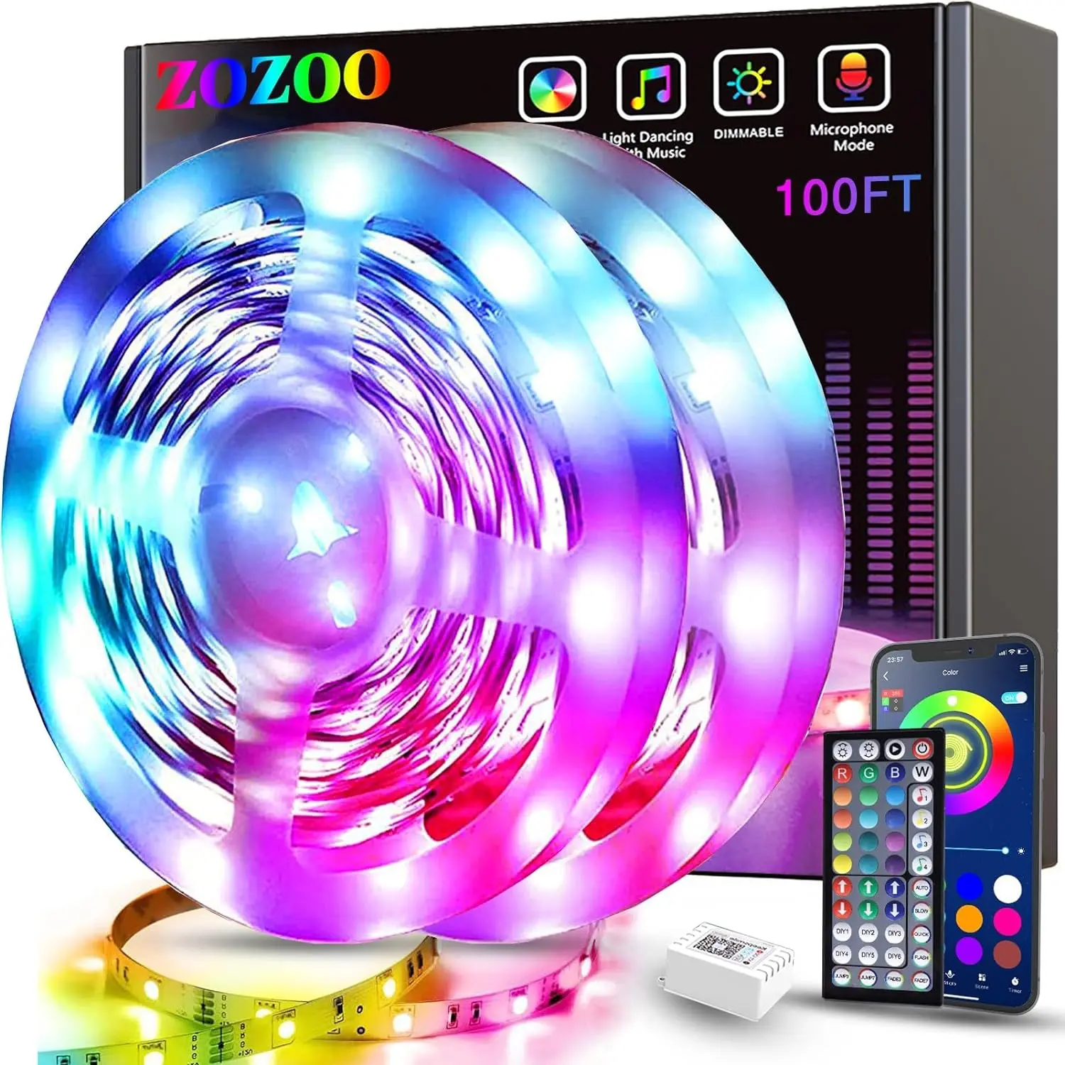 100ft Led Lights for Bedroom(2 Rolls of 50ft), Smart RGB Led Strip Lights with 44-Key Remote & APP Control Music Sync with Color Changing for Home Party Festival Decoration