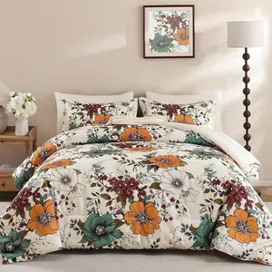Floral Comforter Set King Size 7 Pieces, Beige Orange Bed in a Bag Flower Comforter Set with Sheet, Pillowcases, Pillowshams, Soft Microfiber Bedding Set for All Season (King 104''x90'')