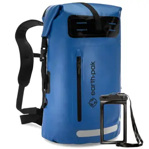 Earth Pak Waterproof Backpack - Heavy Duty Hiking Backpack - Roll-Top Closure - Waterproof Bag - Cushioned Dry Bags Waterproof w/ IPX8 Waterproof Phone Case - Wet Bag for Hiking, Kayak