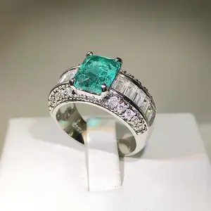 Shiny Ring Square Cut  Sky Blue Cubic Zirconia Eternity Promise Engagement Wedding Band Rings for Women