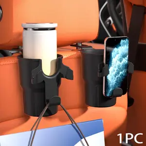 Multifunctional Car Headrest Cup Holder Hook with Phone Holder, 3-in-1 Car Seat Back Organizer, Adjustable Dual Hook Water Bottle Cup Stand, Auto Travel Accessory for Drinks, Grocery Bags & Mobile Phones