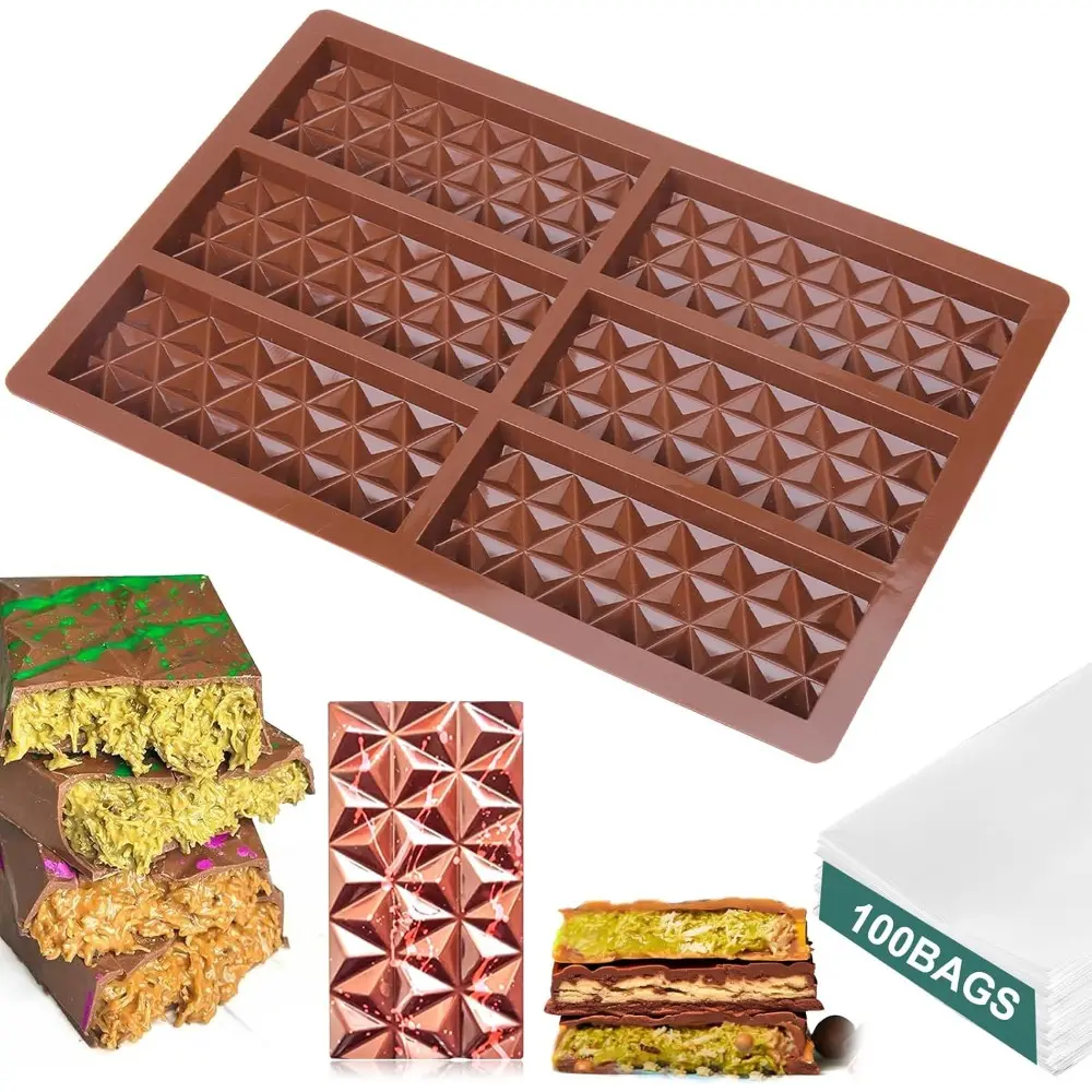 Chocolate Bar Mold-Deep, Pistachio, Knafeh, Thick Silicone Tray, Diamond Candy Mould With 100 PCS Clear Cellophane Bags