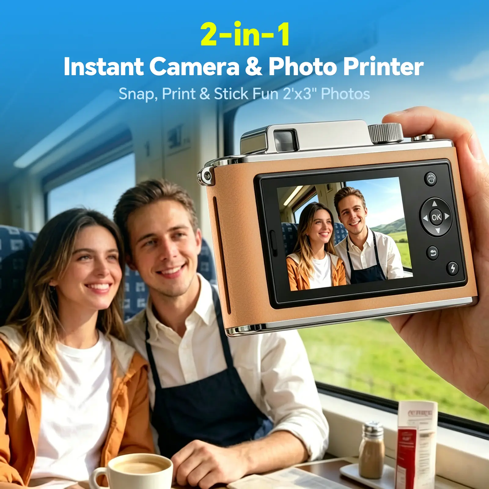 Hanin Z2 2-in-1 Instant Camera & Photo Printer - Built-in Batteries, 5 Sheets of 2x3 in Sticky Photo Paper, Retro Photography Style, Travel Essential, Brown Instant Camera for On-the-Go Use, Brown + 5 Sheets#SummerSale