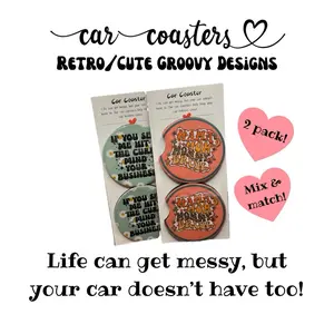 PART TWO: 2 Pack Car Coasters Neoprene 100% Handmade Retro Groovy Cute Car Coasters Mix & Match Soft Bendable Ant-Skid Proof Bottom 2.75 Inches Perfect for Vehicle Cup Holders