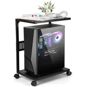 2-Tier Metal Computer Tower PC Stand CPU Holder with Locking Caster Wheels, Suitable for Most PCs (S, Black)