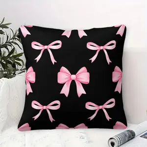 Black and Pink Bow Pillow With Pillow Core,Suitable for Girls' Bedroom Sofa Decoration,17.7x17.7-Inch Short Plush Material Ins Princess Style Home Decorative Cushion,Ideal Gift for Women and Girls