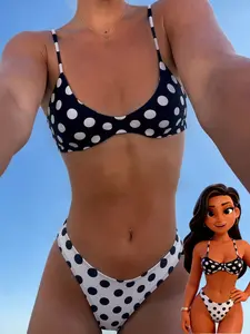 Ladies' swimsuit bikini, cute bohemian black and white polka dot print bra vest swimsuit, suitable for vacation, beach pool and sports wear, New Year's Valentine's Day SS26 spring and summer collection, Beach Bathing Suit