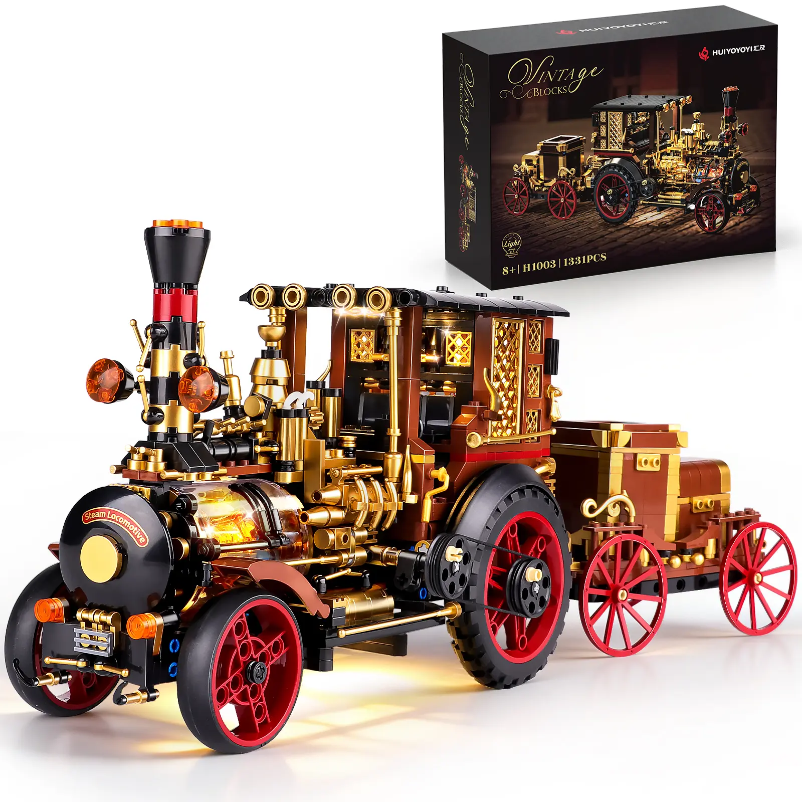 OWNONE 1 Vintage Car Steam Engine Building Blocks Set with Lights, Western Retro Steam Tractor Locomotive Model Building Kit for Vintage & West Lovers, Creative Home Office Decor Gift for Adults Teens