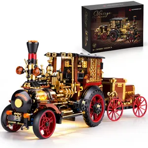 OWNONE 1 Vintage Car Steam Engine Building Blocks Set with Lights, Western Retro Steam Tractor Locomotive Model Building Kit for Vintage & West Lovers, Creative Home Office Decor Gift for Adults Teens