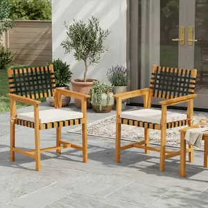 Acacia Wood Outdoor Dining Chairs Set of 2, Patio Outdoor Furniture, Natural & Black Woven Rope Back Cushioned Armchairs (23"x22.5"x34") for Patio & Deck Seating