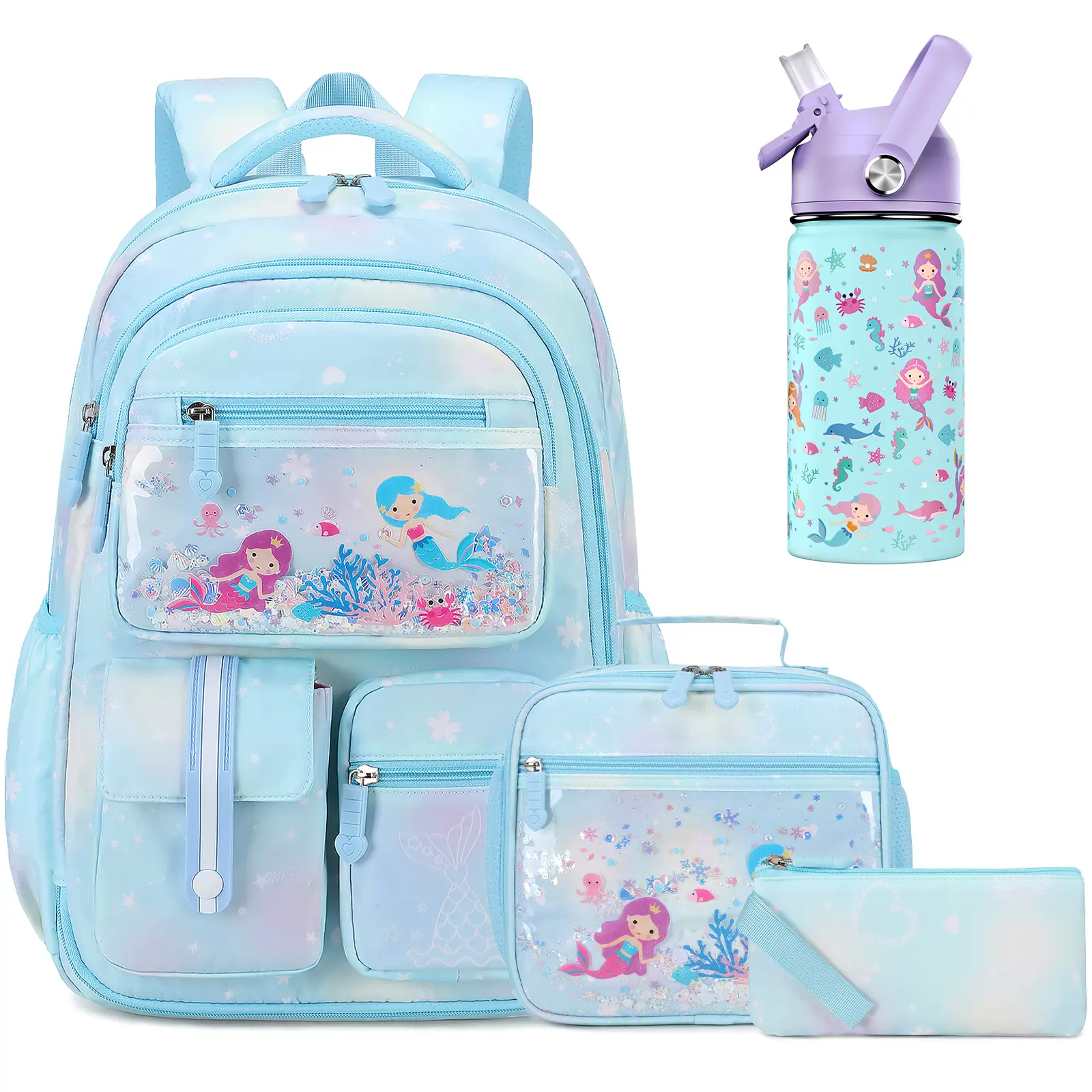 Similove 4/5PCS Mermaids Backpack for School,Waterproof Bookbag Set with Lunch Box & Pencil Case & Earphones & Water Bottle,School bag for Elementary Middle School,Back to School Gift,Birthday's Gift