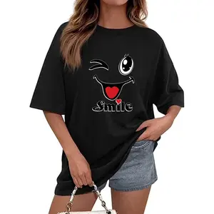 Cute Cartoon Smile Face Women's T-Shirt With Heart And Winking Eye Design For Casual Wear In Spring And Summer Perfect Gift For Friends And Family