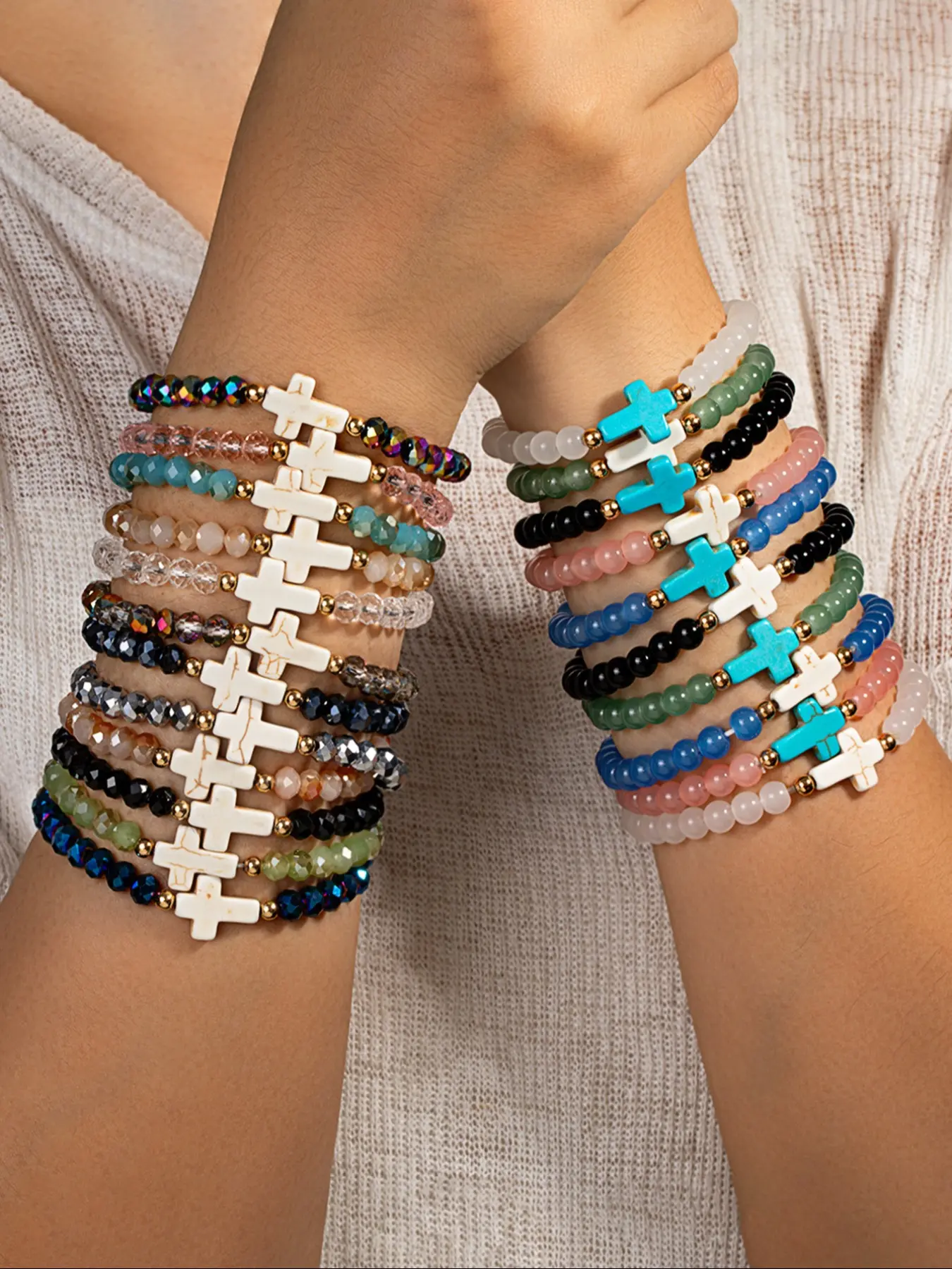 Boho Style Colorful Faceted Glass Bead Bracelets Set, Multi-Layer Turquoise Cross Pendant, Women's Jewelry for Daily Wear & Gifts