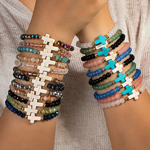 Boho Style Colorful Faceted Glass Beaded Bracelet Set, Stackable Bracelets, Turquoise-Color Cross Accent, Women's Jewelry for Daily Wear, Ideal Gifts, Stacked Design Bracelets