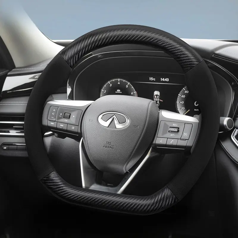 Suitable for Infiniti Automotive, carbon fiber textured leather and suede steering wheel covers accessories, ultra-thin and non-slip, fit for Q50, G37, FX35, G35, Q45, QX50, QX60, QX70, EX25, Q30, QX80, QX30, Q40, Q60, Q70 and other models