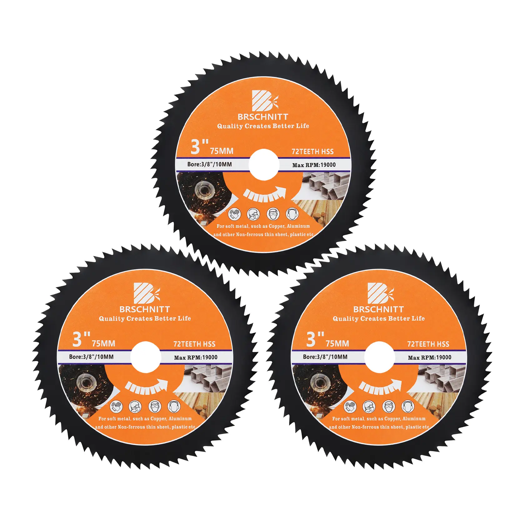 HSS Circular Saw Blade 3inch - BRSCHNITT 3pcs 72T 10mm Bore Cutting Discs for Wood, Copper, Aluminum, Plastic and Soft Metal