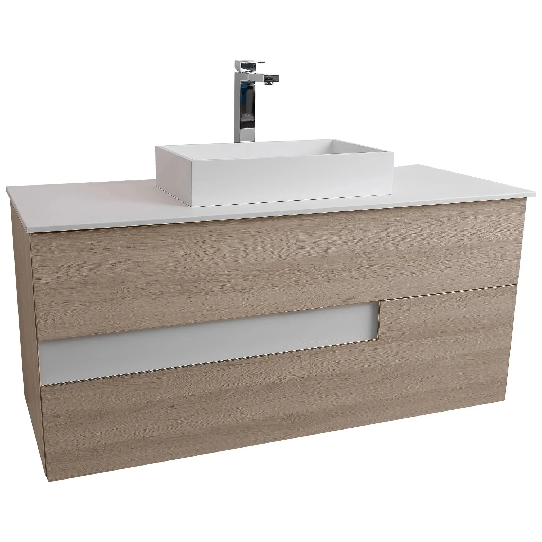Vision 47.5 Natural Light Wood Cabinet, Wall Mounted Modern Vanity Set with Flat White Counter and Infinity Square Design