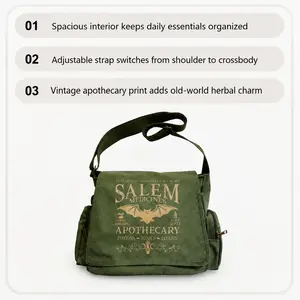 Messenger bag for Valentine’s Day, large-capacity flap retro tote crossbody messenger bag featuring a Salem pharmacist bat pattern and vintage-style lettering. Perfect for everyday outings and travel; an excellent gift choice for your girlfriend.