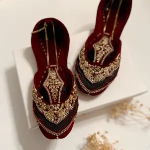 Handmade Maroon Bridal Khussa: Wedding Shoes with Anklet