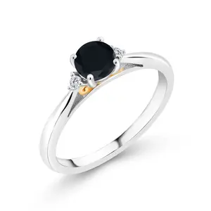 Gem Stone King 925 Sterling Silver and 10K Yellow Gold Black Onyx and White Lab Grown Diamond Engagement Ring For Women (0.51 Cttw, Gemstone December Birthstone)