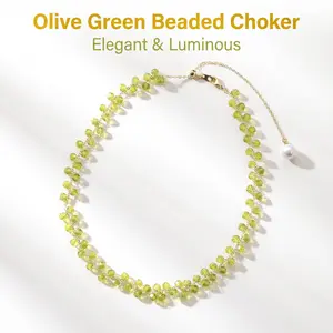 Olive green beaded short necklace with an extender chain—a standout piece essential for summer outfits.