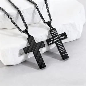 Men's Cross Pendant Necklace – Stainless Steel Square Chain, Inspirational Bible Verse Engraved, Personalized Christian Gift for Men, Hip Hop Punk Style