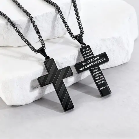Men's Cross Pendant Necklace – Stainless Steel Square Chain, Inspirational Bible Verse Engraved, Personalized Christian Gift for Men, Hip Hop Punk Style