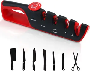 4 in 1 Knife Sharpener with Adjustable Angle Guide and 3 Stage Sharpening Coarse Fine Polish with Scissors Slot Non Slip Base Ergonomic Handle Ideal for Steel Paring Folding Knives and Scissors