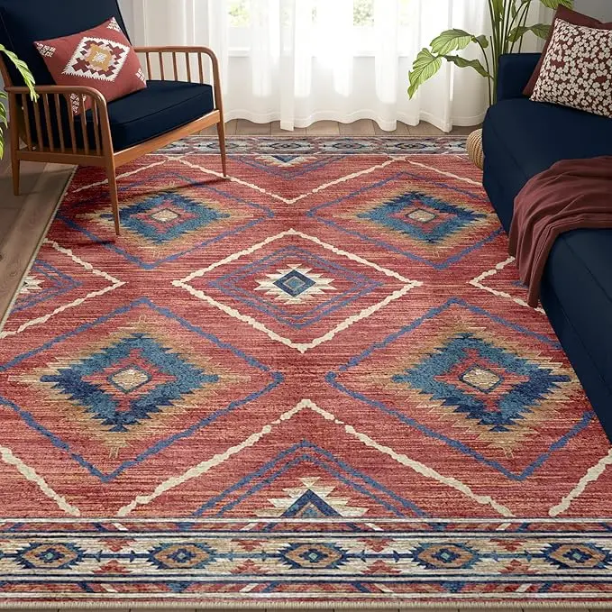 Western Area Rug Machine Washable Non-Slip Low Pile Print Pattern Rug for Living Room Bedroom Entryway Tribal Series summerwins