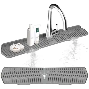 Longer Sink Splash Guard Mat 24 inch, Silicone Faucet Handle Drip Catcher Tray, Longer Silicone Sink Mat for KitchenBathroom, Drip Protector Splash Countertop (Grey)