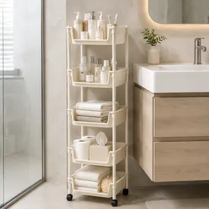 Rolling Storage Cart with Wheels, Multi-Layer Freestanding Shelf, Adjustable Space Saving Plastic Organizer for Bedroom Bathroom Kitchen Living Room, Portable Home Storage Unit, Easy Install, 2026 Semiannual Sale
