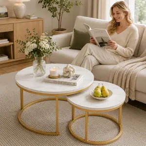 2PCS Modern Nesting Coffee Table Set, Faux Marble Round Tables with Gold Metal Frame, Round Accent Tables for Living Room, Bedroom, Apartment & Small Spaces, Space-Saving Side Table Set with Stylish Marble Look