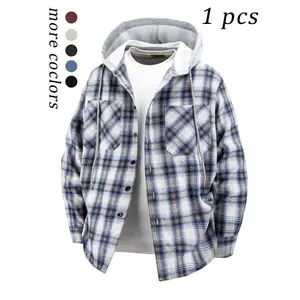 Men's Plaid Hooded Shirt Set, Outdoor Casual Sports Trendy Long Sleeve Blouse Jacket, Spring & Fall Loose Fit Outerwear