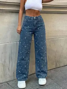 Women's Washed Denim Elastic Comfort Fabric Jeans, Wide Leg Slim Fit Versatile All-Season Wear, Pearl Embellished Long Pants