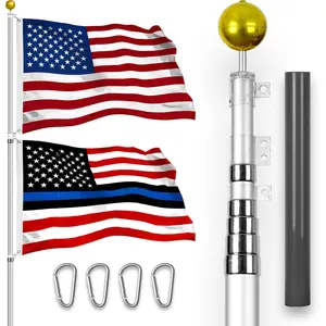 G128 Combo Pack: 20 Ft Telescoping Aluminum Flagpole (Silver) & American and Blue Lives Matter Flags 3x5 Ft, Both StormFlyer Series Embroidered 220GSM Spun Polyester | Pole with Flags Included