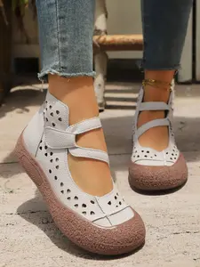 Women's Retro Hollow Out Breathable Flat Shoes, Comfortable Casual Footwear, Stylish Plain Design, Ideal for Daily Wear