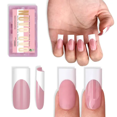 NOVO OVO Soft Gel Full Cover False Nails Kit - Medium Sharp Square, White French Tip, Berry Pink, Extra Thick, 15 Sizes, 180 Pieces, Glossy, Boxed, Polish-Compatible, Salon/DIY Nail Supplies (Requires Builder Glue & Top Coat)
