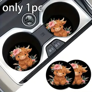 2pcs Floral Highland Cow Car Cup Coasters - Cute Animal Print, Non-Slip Base, Durable Rubber Material, Easy-Clean Design, Perfect for Car & Home Use, Ideal Christmas, Cow Decor, Playful Design, Car Accessories