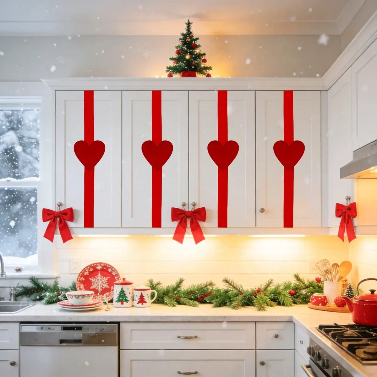Valentines Day Cabinet Decor Set, 4-Piece Velvet Heart Ribbon Ornaments for Doors & Kitchens, Perfect for Home & Holiday Parties